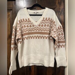 Favorite Daughter Fair Isle Cozy Cream and Brown V-Neck Sweater